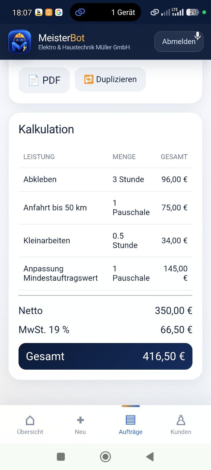 Angebotssoftware für Elektriker – Kalkulation in MeisterBot