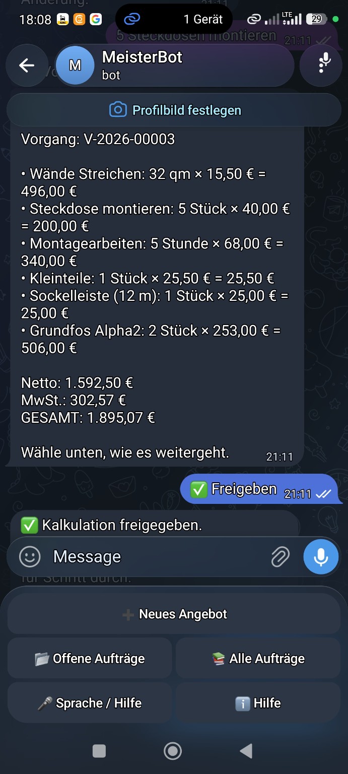 MeisterBot Angebot im Telegram-Chat prüfen und freigeben